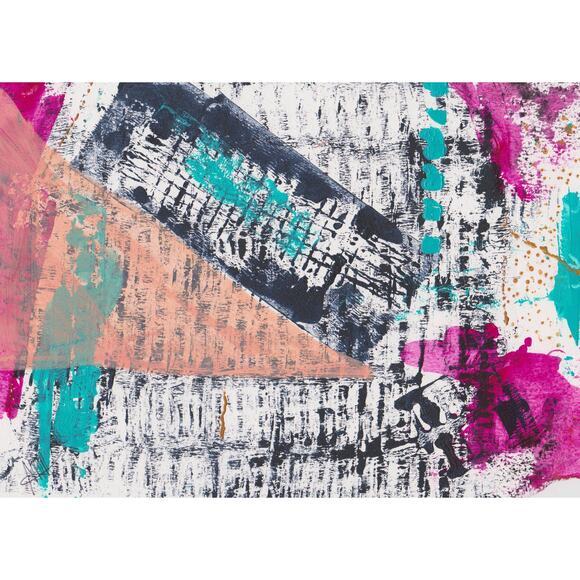 Original painting, small art for shelf in black, white, pink, aqua, peach - Picture 1 of 4